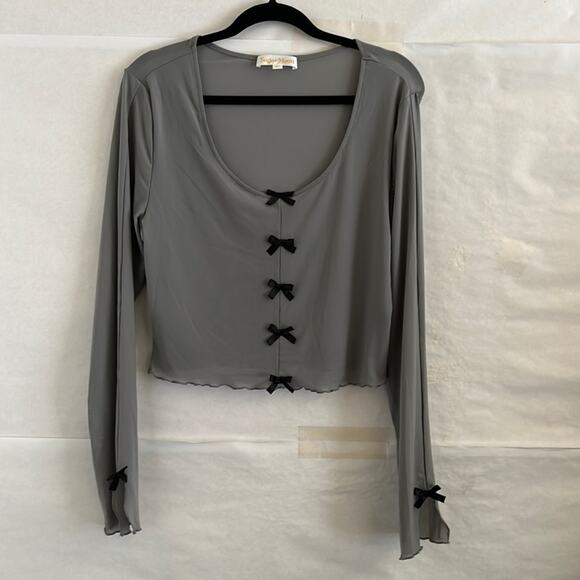 Sugar Moon Gray Mesh Bow Top XL Long Sleeve Ruffle Edge Coquette Y2K Crop - Picture 2 of 11